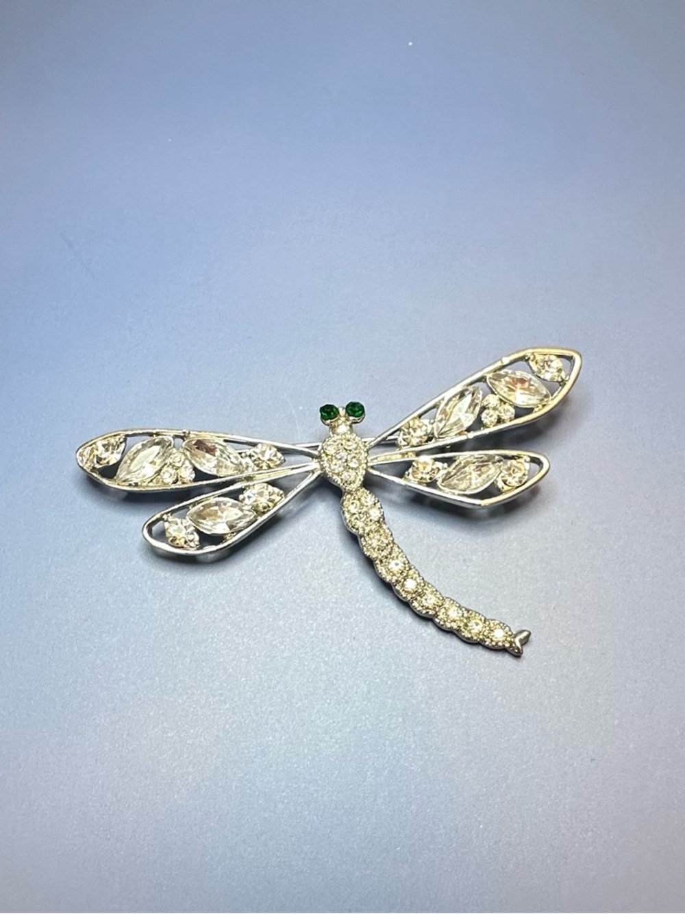 Rhinestone Dragonfly Brooch Silver Tone Crystal Pin Green Eyes Elegant